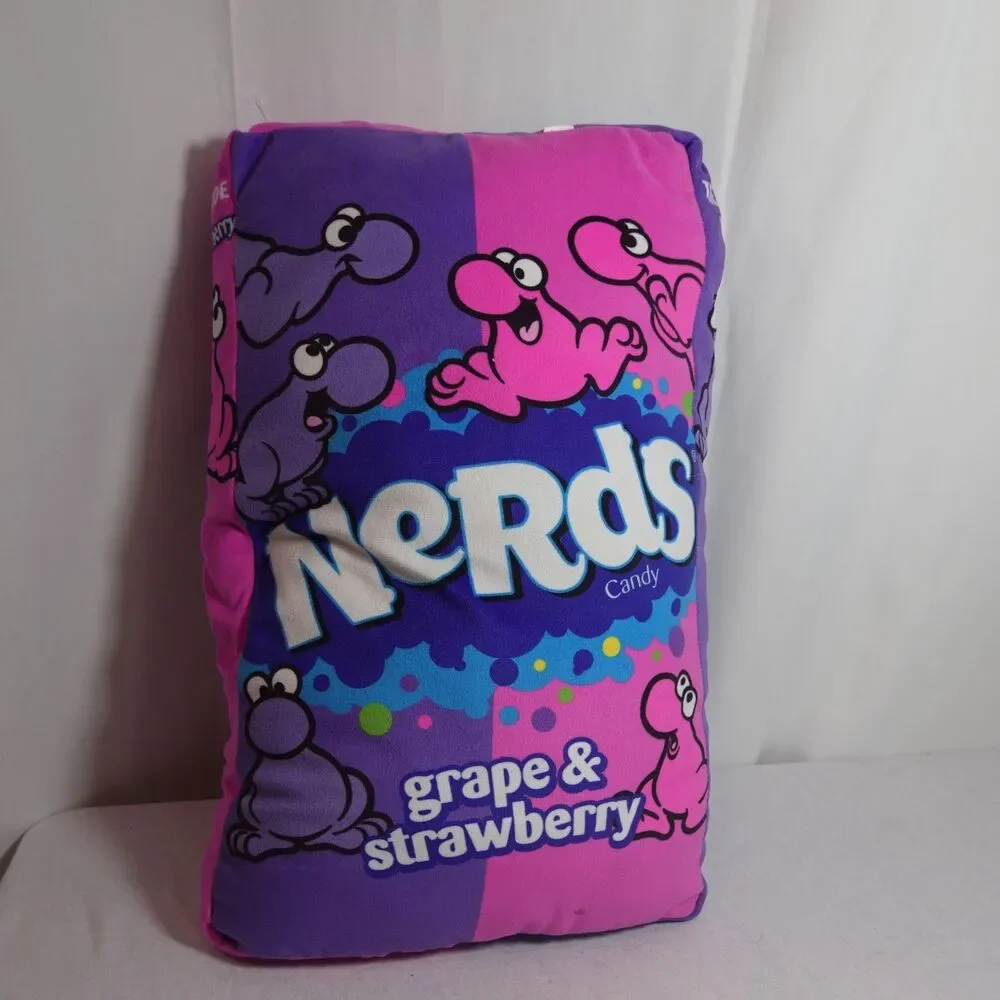 Nerds Throw Pillow With 4 Mini Plush Piece Inside Purple Pink 18 Inch  X 10 Inch